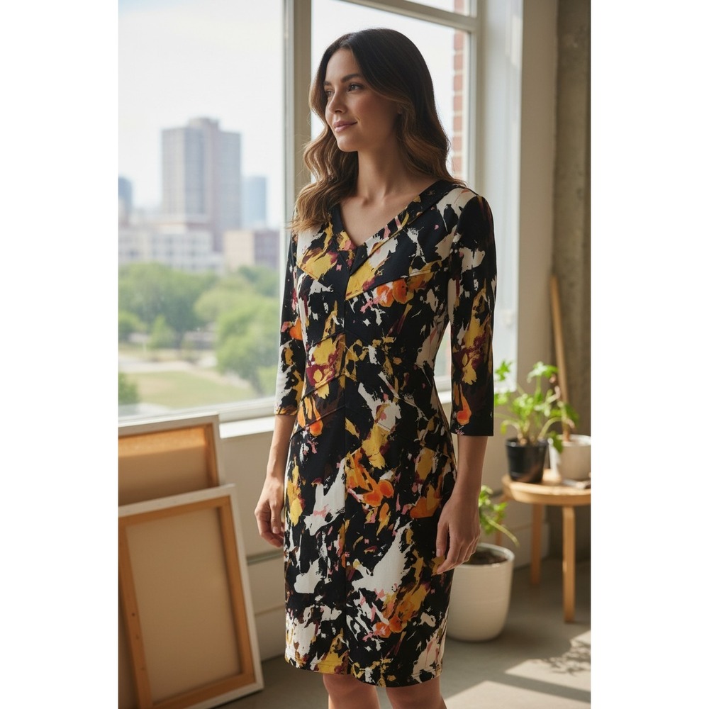 Antonio Melani Sheath Dress Womens Black Multicolor Abstract Splatter Print 6